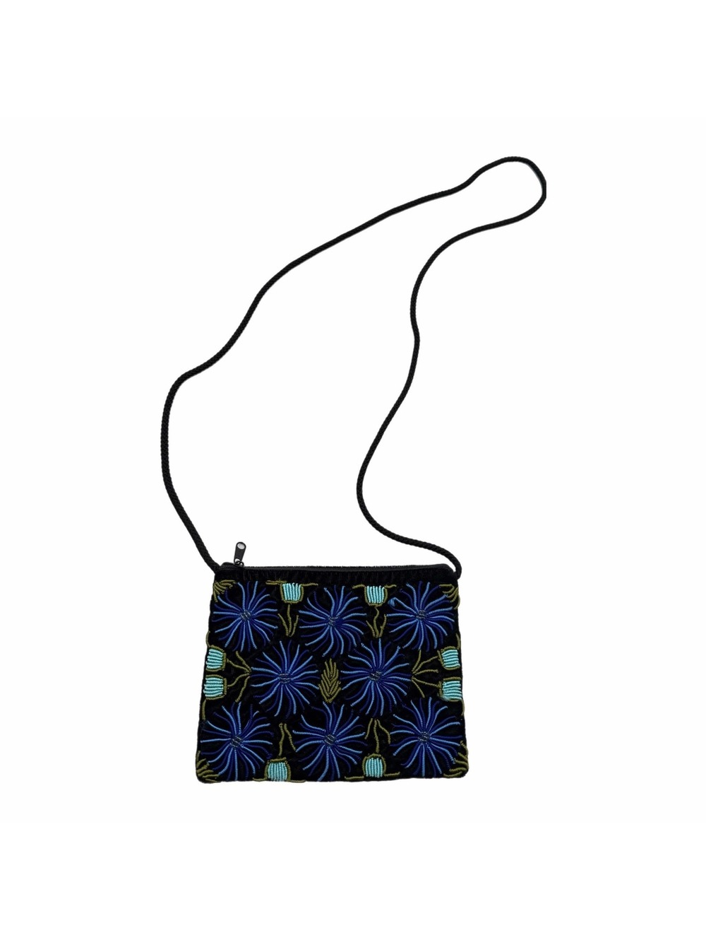 Vintage Guatemalan Small Black Blue Floral Green Stem Embroidered Bag Purse
